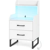 Image de CostwayTable de Chevet avec Station de Charge Intégrée Table de Nuit Moderne avec Lumières LED 2 Tiroirs et Étagère Ouverte pour Chambre Blanc