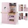Image de CostwayCuisine pour Enfants Double-Face en Bois avec Distributeur d'Eau Hotte Micro-ondes Ustensiles de Cuisine et Sons Réels pour 3+ Ans Rose