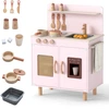 Image de CostwayCuisine de Jeu pour Enfants Ensemble de Cuisine avec Machine à Glace Réaliste Cuisinière Accessoires et Évier Fonctionnel pour 3+ Ans Rose