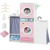 Image de CostwayJeu de Lavage en Bois pour Enfants Machine à Laver Jouet avec Bouteille de Détergent Fer à Repasser Cintres et Tiroir en Tissu pour Rose