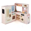 Image de CostwayCuisine d'Angle avec Lumières & Sons Cuisine de Jeu en Bois avec Réfrigérateur à Double Porte Machine à Glaçons pour 3+ Ans Rose