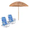 Image de Costway2 Chaises de Camping Portable avec Dossier Réglable Bleu Foncé + Parasol de Plage en Chaume PP 7 Couches 243CM de Style Hawaïen