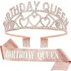 Image de Kit de Couronne Anniversaire FONGWAN avec Echarpe et Strass Diademe Accessoire pour Décoration Cadeau Costume d’Anniversaire Fille - Rose or