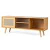Image de CostwayMeuble TV en Bambou avec 4 Compartiments pour TV 55'' au Max Banc TV à 4 Pieds en Bois Massif 2 Portes Coulissantes en Rotin et Verre Trempé 120,5x31x45,5cm