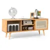 Image de Giantex Meuble TV en Bambou avec 4 Compartiments pour TV 55 au Max, Banc TV à 4 Pieds en Bois Massif, 2 Portes Coulissantes en Rotin, 120,5x31x45,5cm