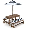 Image de CostwayTable et 2 Bancs de Jardin avec Parasol et Coussins en Sapin Table de Pique-nique pour 4 Enfants Bleu