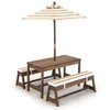 Image de CostwayTable et 2 Bancs de Jardin avec Parasol et Coussins en Sapin Table de Pique-nique pour 4 Enfants Caf ©
