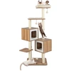 Image de CostwayArbre à Chat en Bois 163 CM avec 3 Plateformes 2 Niches 3 Balles Griffoirs en Sisal Perchoir Coussins Lavables Naturel