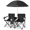 Image de CostwayChaise de Camping Pliante 2 Places avec Poche Isotherme Porte-gobelet Parasol Accoudoirs Portable 113 KG pour Plage Pêche Noir