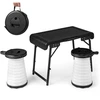 Image de CostwayEnsemble de Table et 2 Tabourets Pliants Extérieur Tabouret LED Rétractables avec 3 Effets de Lumière pour Camping Pêche Noir