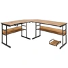Image de CostwayBureau d'Angle en forme de L Ajustable à Bureau Droit 2 Personnes avec Plateau Inclinable Support Centrale Marron