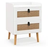 Image de CostwayCommode 2 Tiroirs Table de Chevet avec Pieds en Bois Massif Poignée Noir Design Tiroir en Rotin Bohème Petite Commode Scandinave Blanc