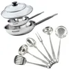 Image de Set de 2 poêles 20 et 28 cm en inox, 2 couvercles verre et 6 ustensiles inox Fackelmann Eterna