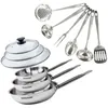 Image de Set de 3 poêles 20, 24 et 28 cm en inox, 3 couvercles verre et 6 ustensiles inox Fackelmann Eterna