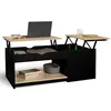 Image de Table basse 2 plateaux relevables rectangulaire ELEA avec coffre bois noir et façon hêtre