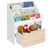 Image de Meuble de rangement bibliothèque enfant MANA 3 étagères et 1 bac sur roulettes blanc et hêtre