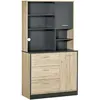 Image de Armoire de cuisine multi-rangements 2 portes 3 tiroirs 3 étagères + grand plateau 90L x 39l x 169H cm bicolore chêne clair gris
