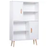 Image de Bibliothèque scandinave 4 niches + 2 placards avec étagère dim. 80L x 24l x 123H cm pieds effilés inclinés bois massif panneaux particules blanc