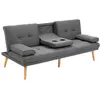 Image de Canapé convertible 3 places design scandinave inclinaison dossier réglable 3 niveaux dossier central rabattable 2 porte-verres bois massif lin gris foncé