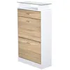 Image de Armoire à chaussures organisateur de luxe pour chaussures 2 portes abattantes 2 compartiments, tiroir, étagère verre panneaux particules chêne blanc