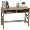 Image de Bureau design industriel grand plateau 2 niches métal noir panneaux particules imitation bois veinage marron