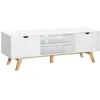 Image de Meuble TV bas sur pied style scandinave 2 portes 2 niches passe-fils panneaux particules MDF blanc bois massif hévéa