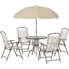 Image de Ensemble salon de jardin 6 pcs - table ronde + 4 chaises pliables + parasol - acier époxy café textilène polyester beige