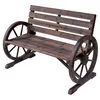 Image de Banc de jardin 3 places style rustique chic accoudoirs roues charette bois sapin traité carbonisation