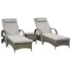 Image de Lot de 2 transats bains de soleil grand confort : matelas, têtière, inclinaison réglable multipostions, accoudoirs, roulettes + table basse verre trempé résine tressée grise