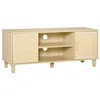 Image de Meuble TV 2 niches 2 placards porte cannage en rotin dim. 115L x 40l x 48H cm MDF aspect bois clair