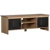 Image de Meuble TV banc TV design industriel - 2 placards, 2 niches, 2 passe-fils - panneaux particules aspect bois veinage portes métal noir