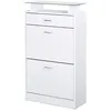 Image de Armoire à chaussures organisateur de luxe pour chaussures 2 portes abattantes 2 compartiments, tiroir, étagère verre panneaux particules blanc
