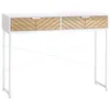 Image de Table console industriel 2 tiroirs aspect bois de chêne sculpté motif à chevrons piètement métal blanc