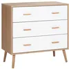 Image de Commode design scandinave sur pieds 3 tiroirs coulissants pieds effilés inclinés panneaux particules blanc aspect bois clair