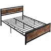 Image de Lit double design industriel - tête de lit, pied de lit et sommier - dim. 208L x 167l x 103H cm - compatible matelas 200L x 160l cm - acier noir MDF aspect bois avec veinage