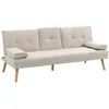 Image de Canapé convertible 3 places design scandinave inclinaison dossier réglable 3 niveaux dossier central rabattable 2 porte-verres bois massif lin beige