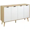 Image de Buffet design scandinave 4 portes 2 étagères piètement bois de pin panneaux portes motif chevrons blanc aspect bois clair