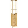 Image de Meuble colonne rangement salle de bain style cosy dim. 34L x 30l x 173H cm porte à lattes 3 étagères bambou MDF aspect bois clair