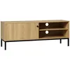 Image de Meuble TV banc TV design industriel - porte coulissante, 2 niches, 2 passe-fils - piètement métal noir panneaux aspect bois clair