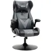 Image de Fauteuil gaming base ronde métal pivotante 360° hauteur réglable tétière coussin lombaires accoudoirs relevables PU tissu gris noir
