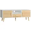 Image de Meuble TV bas sur pied style scandinave 2 portes niche tiroir piètement effilé incliné bois panneaux blanc aspect bois clair