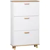 Image de Meuble à chaussures design scandinave 3 portes abattantes 3 étagères réglables bois pin panneaux blanc