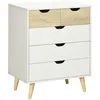 Image de Commode design scandinave 5 tiroirs coulissants piètement bois effilé incliné panneaux blanc aspect bois clair