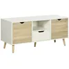 Image de Meuble TV banc TV style scandinave 2 portes tiroir niche piètement bois de pin panneaux blanc aspect chêne clair