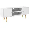 Image de Meuble TV style scandinave 2 portes 2 niches passe-fils piètement bois pin panneaux blanc