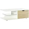 Image de Table basse design contemporain 2 tiroirs 2 niches étagère verre trempé panneaux blanc aspect chêne clair