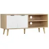Image de Meuble TV bas sur pied style scandinave 2 portes 2 niches piètement effilé incliné bois panneaux blanc aspect bois