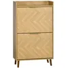 Image de Meuble à chaussures design scandinave 2 portes abattantes 3 étagères piètement effilé incliné bois hévéa panneaux aspect chêne clair chevrons
