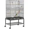 Image de Cage à oiseaux sur roulettes - étagère, plateau déjection, 3 perchoirs, 4 mangeoirs, 2 portes, 8 trappes, accessoires - acier noir