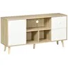 Image de Meuble TV scandinave porte 3 niches 2 tiroirs piètement bois de pin aspect chêne clair blanc